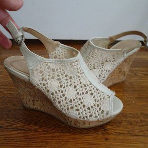 White Lace Cork Wedges Heels
